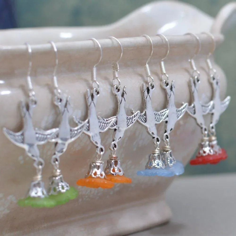 Silver Bird and Flower Earrings